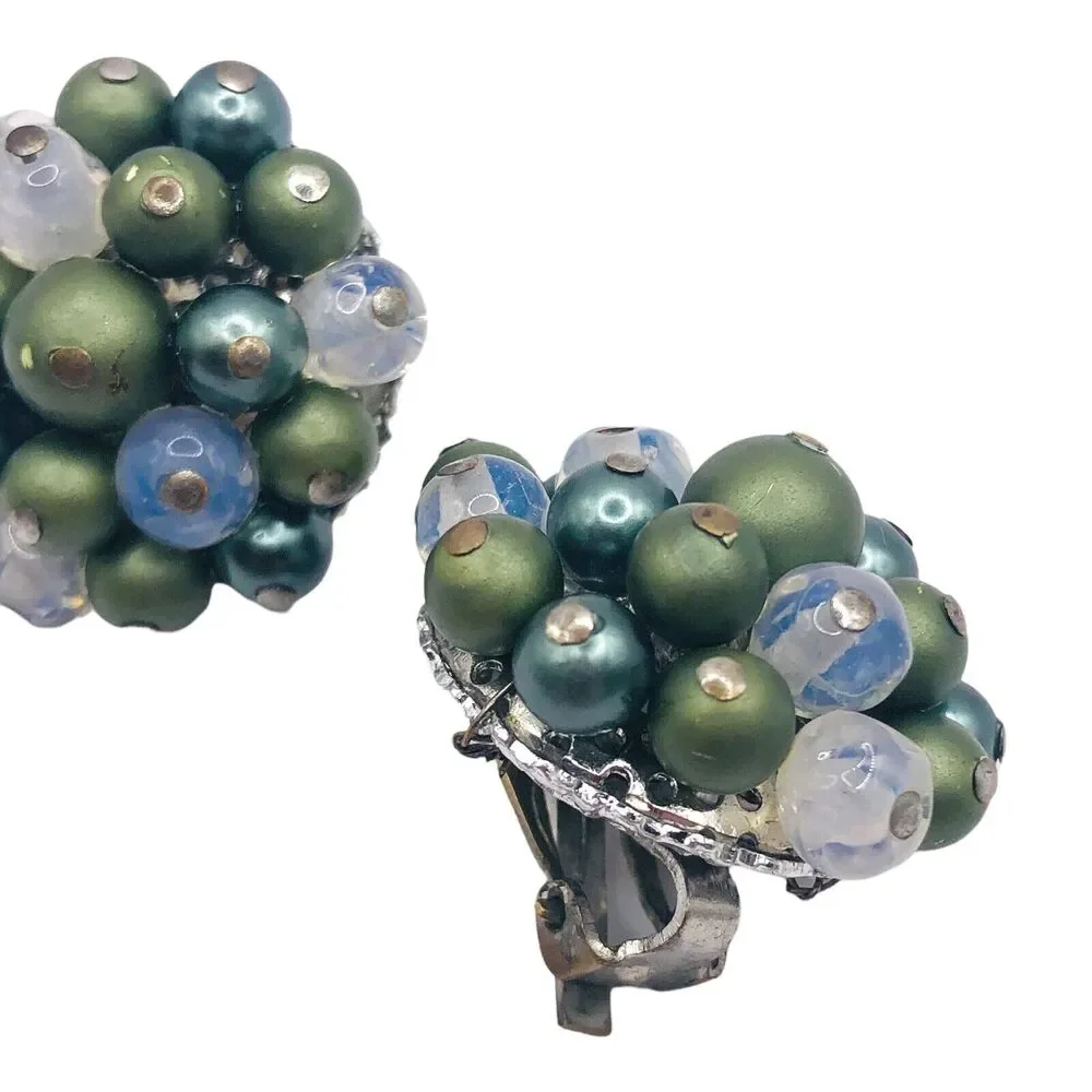 Vintage Japan Green Cluster Beads Silver Tone Clip On Earrings Jelly Belly Matte